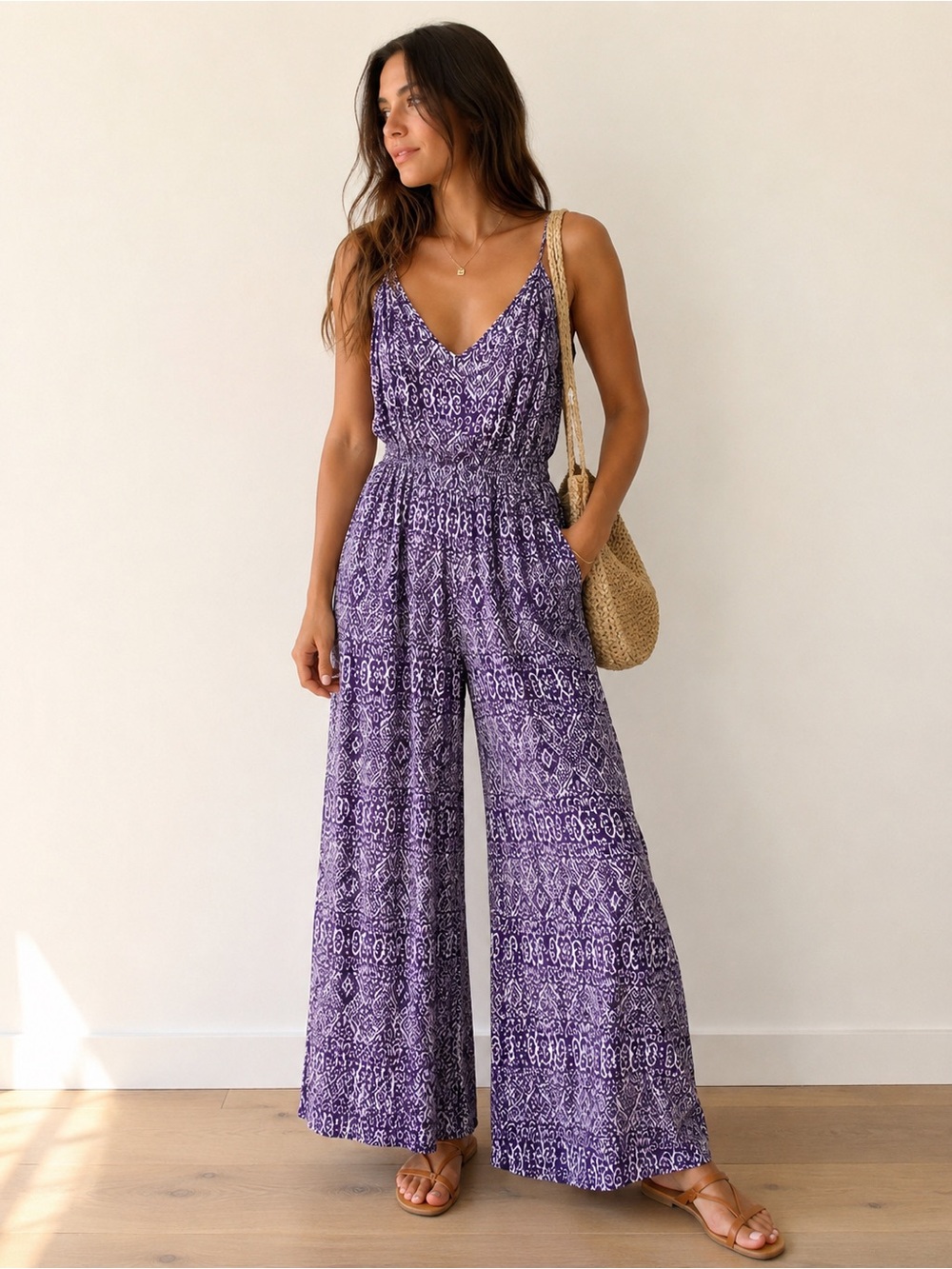 George Purple & White Damask Printed Wide Leg Jumpsuit - Size XS